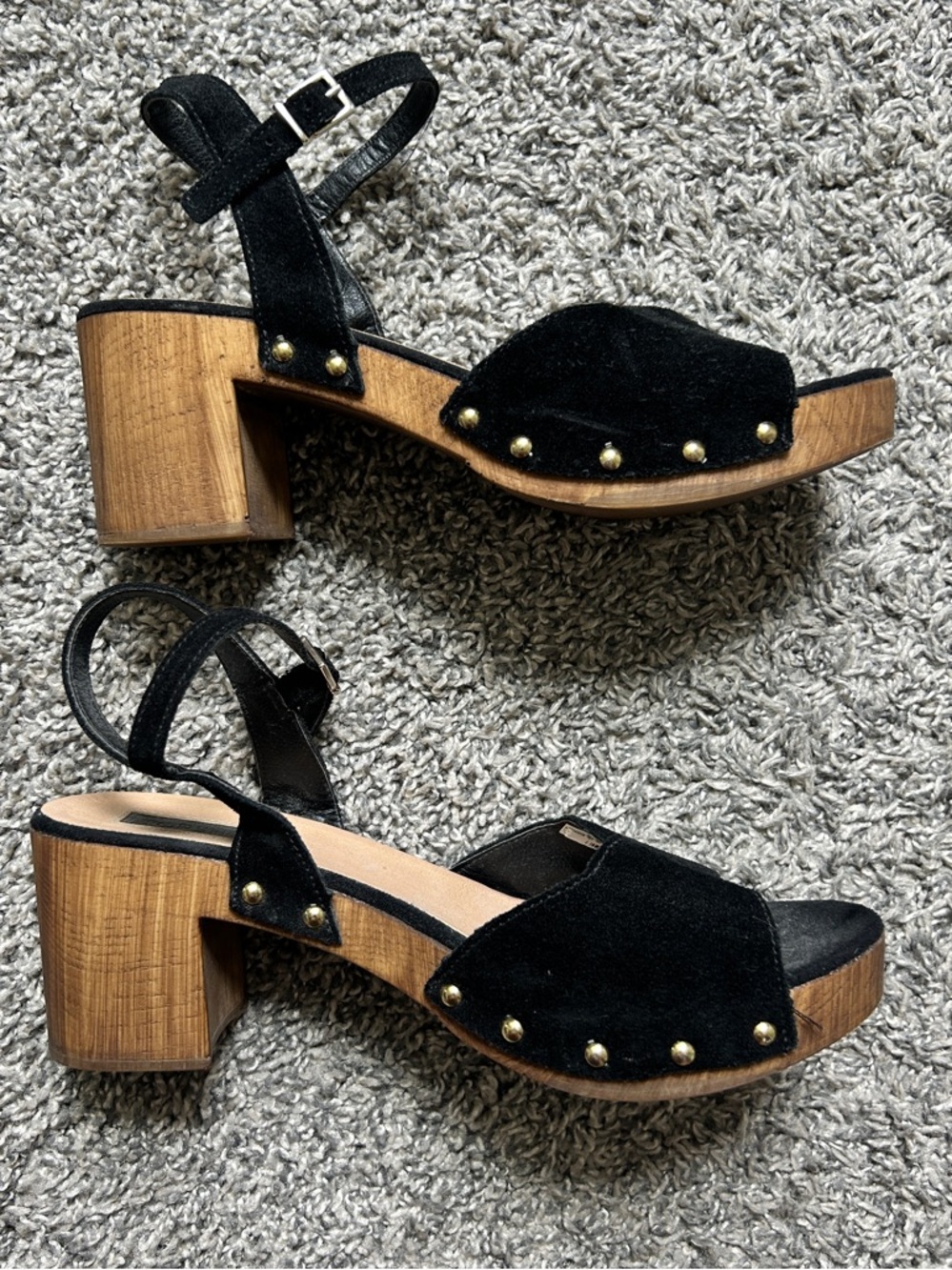 Topshop Black Suede Studded Wooden Block Heel Sandals